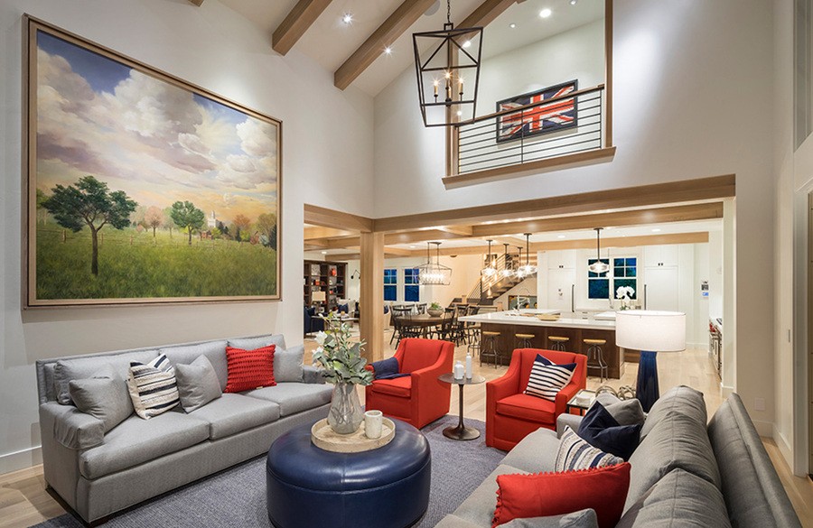 A living room is illuminated with modular lighting fixtures from DMF Lighting.