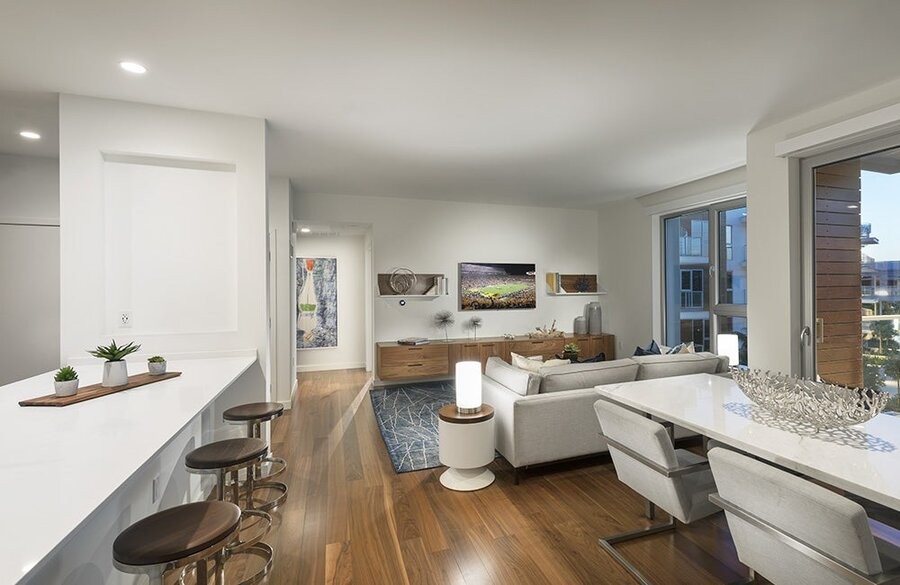 A living space illuminated by DMF Lighting fixtures.